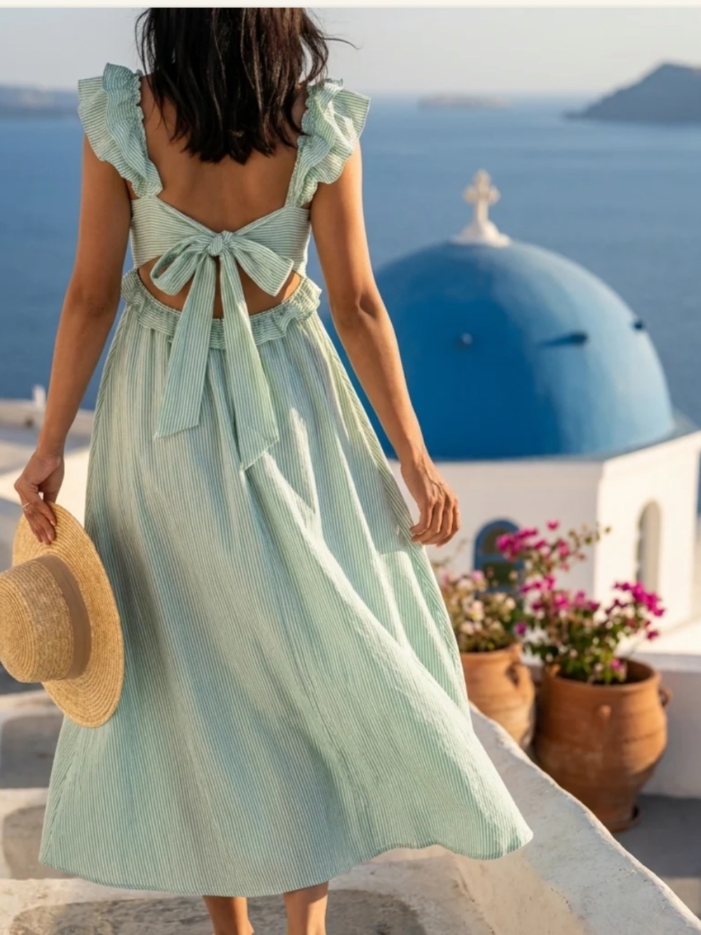 Meet me in Santorini Ruffle Tie-Back Midi Dress in striped Mint Green